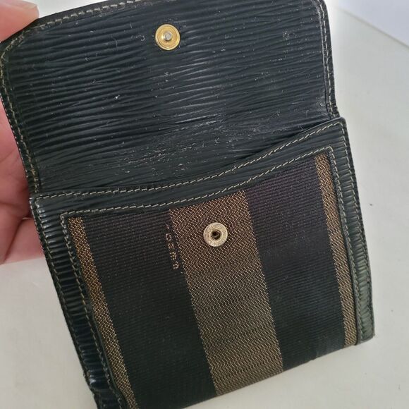 Fendi Vintage Pequin Wallet Canvas Leather Wallet Black Purse Bifold Compact - Picture 12 of 16